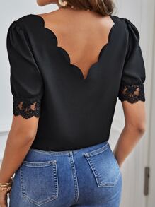 SHEIN Frenchy Scallop Trim Embroidery Mesh Cuff Top Summer Elegant Black Black - Black - View 3