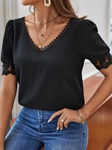 SHEIN Frenchy Scallop Trim Embroidery Mesh Cuff Top Summer Elegant Black Black - Black - View 5