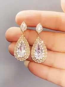 Cubic Zirconia Water Drop Earrings - Yellow Gold - View 1