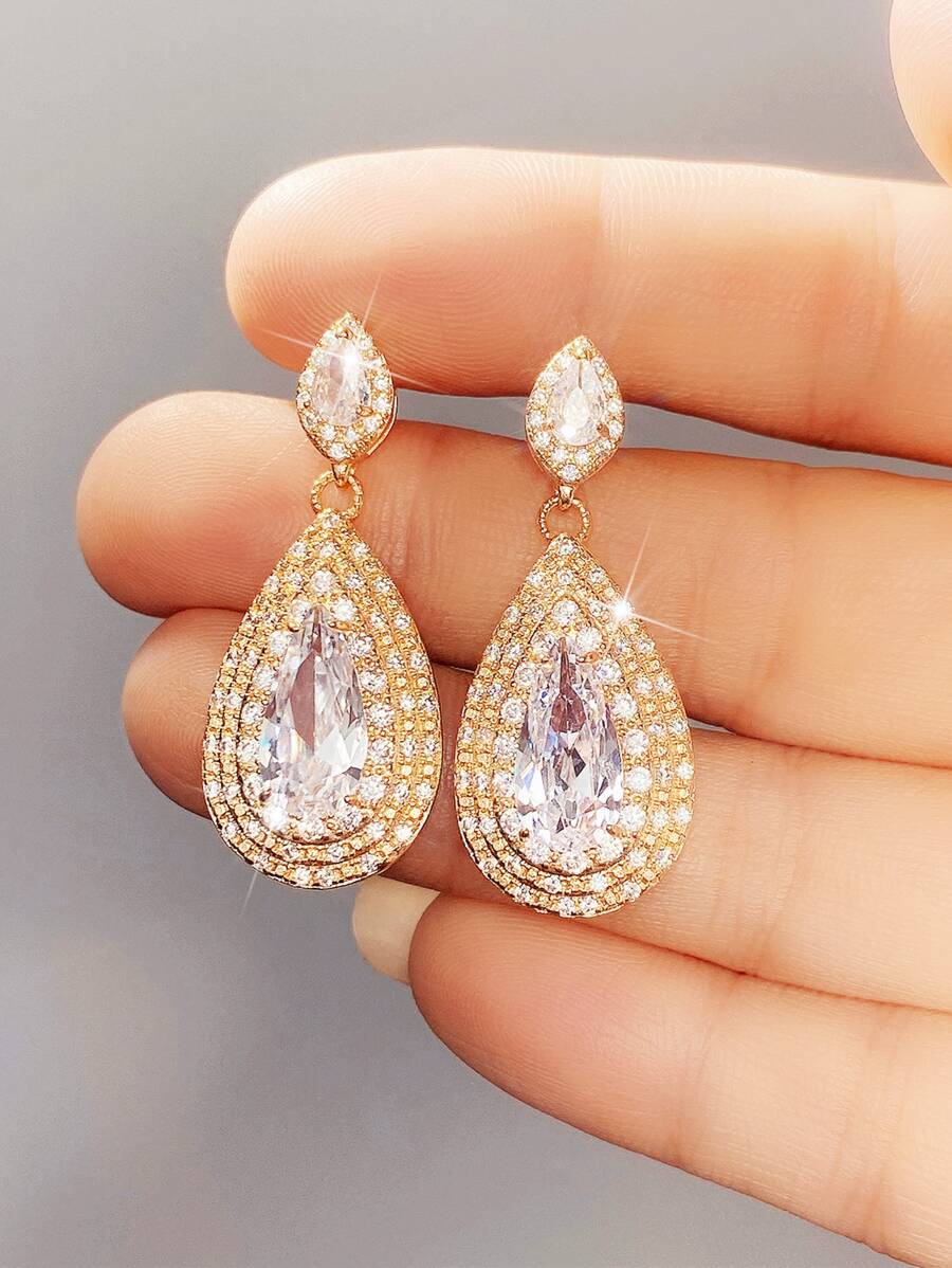 Cubic Zirconia Water Drop Earrings - Yellow Gold - View 1