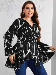 Mulvari 大碼圖案印花交叉領腰帶襯衫 - 黑與白 - 查看 3