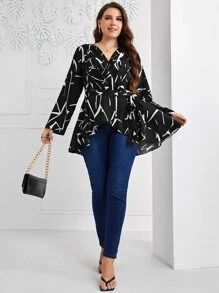 Mulvari 大碼圖案印花交叉領腰帶襯衫 - 黑與白 - 查看 5