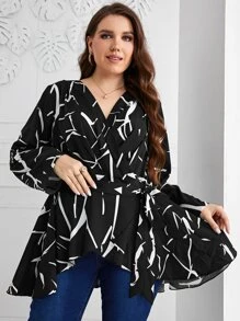 Mulvari 大碼圖案印花交叉領腰帶襯衫 - 黑與白 - 查看 6