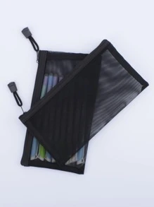 1/2/5pcs Simple Black Mesh Pencil Case Stationery,Pencil Pouch,School Bag - Black - View 5