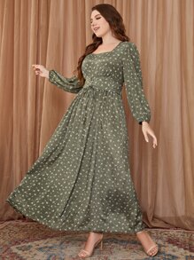 Mulvari Đầm Plus Size áo nịt Ren lên Thùa khuyết Họa tiết hoa Thanh lịch - xanh quân đội - Xem 5