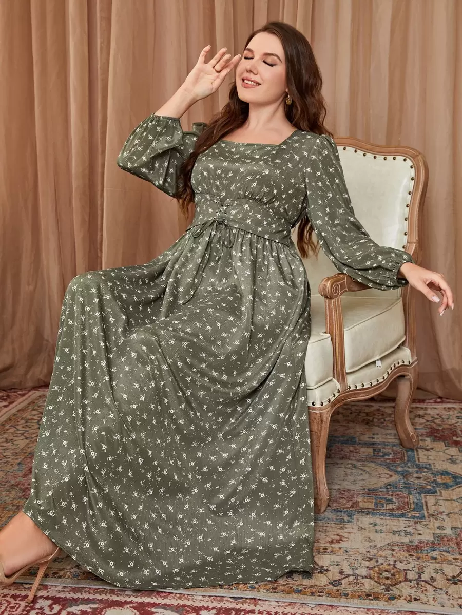 Mulvari Đầm Plus Size áo nịt Ren lên Thùa khuyết Họa tiết hoa Thanh lịch - xanh quân đội - Xem 1