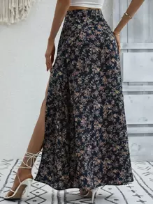 Breezaya High Waist Floral Print Slit Skirt Fall - Multicolor - View 2