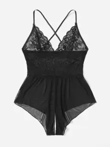 Classic Sexy Plus Cross Back Contrast Lace Crotchless Teddy Bodysuit