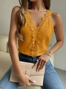 EMERY ROSE Áo hai dây Tương phản ren màu trơn Thanh lịch - Màu vàng - Xem 3