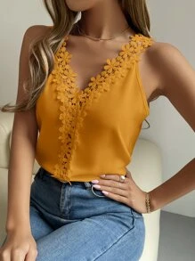 EMERY ROSE Áo hai dây Tương phản ren màu trơn Thanh lịch - Màu vàng - Xem 4