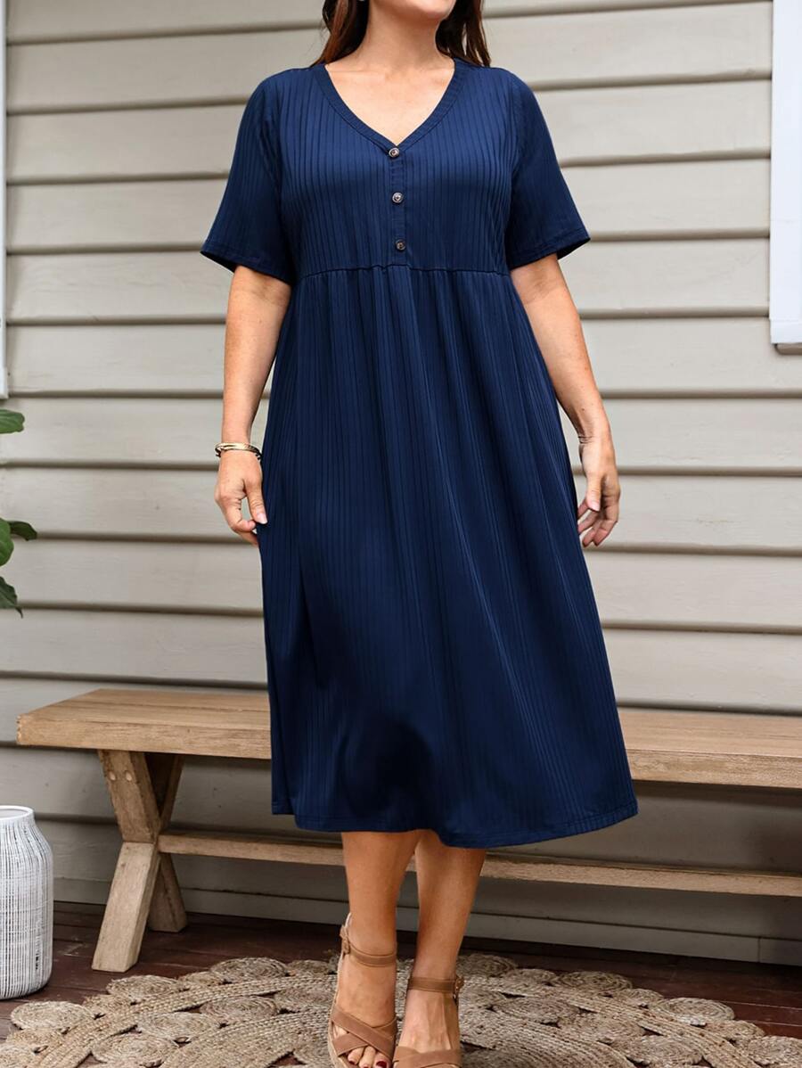 EMERY ROSE Đầm Plus Size Gân đan Nút phía trước màu trơn Giải trí - Màu xanh hải quân - Xem 1