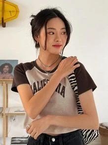 DAZY Camiseta De Manga Raglán Con Gráfico De Letras En Contraste - Café integral - Ver 3