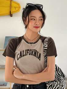 DAZY Camiseta De Manga Raglán Con Gráfico De Letras En Contraste - Café integral - Ver 4