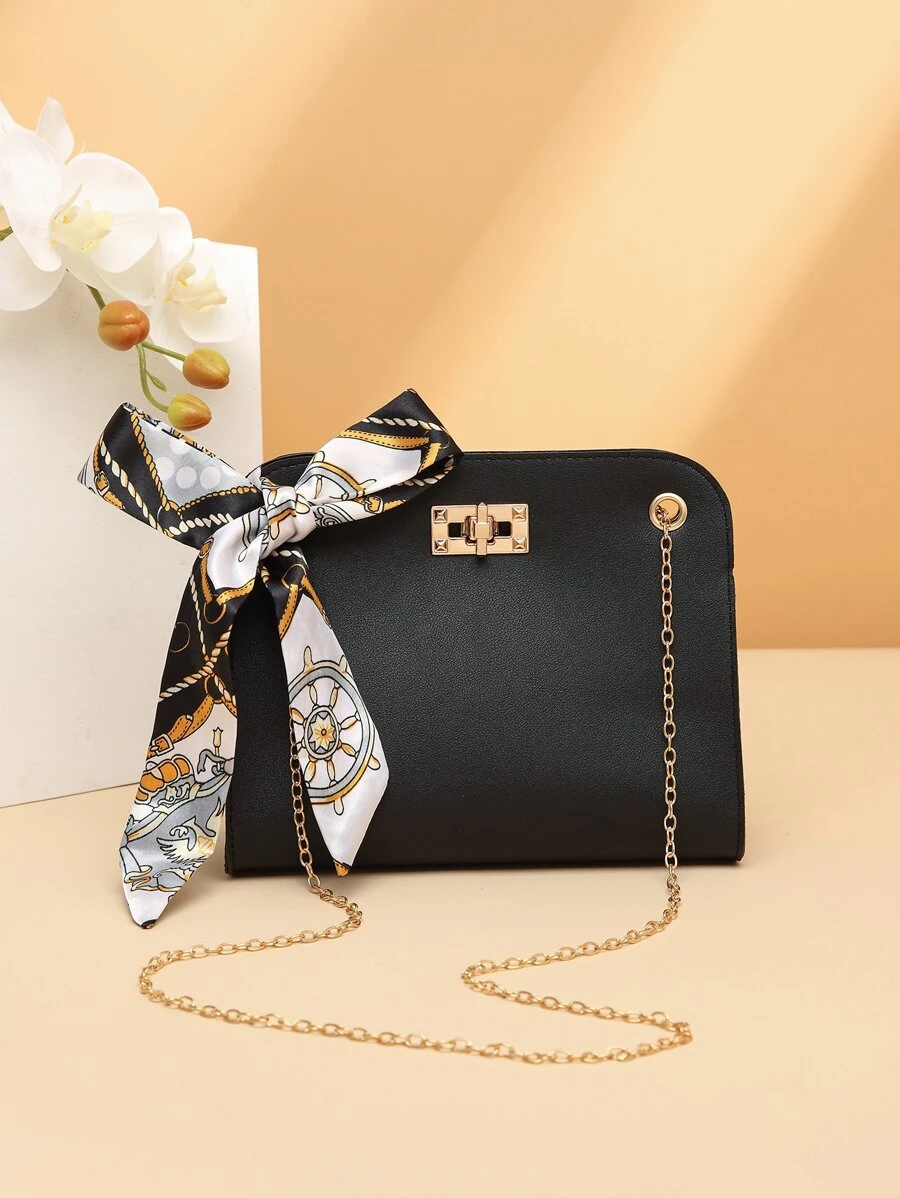 Skinny Scarf Decor Twist Lock Chain Square Bag - Black - View 1