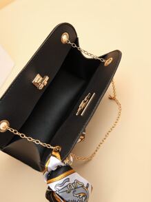 Skinny Scarf Decor Twist Lock Chain Square Bag - Black - View 3