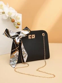 Skinny Scarf Decor Twist Lock Chain Square Bag - Black - View 5