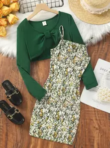 女孩高低下擺T恤和小碎花吊帶連衣裙 - 彩色 - 查看 1