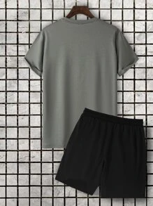 Manfinity Homme Áo thun tay ngắn thường ngày vá dành cho nam và quần short dây rút, Quà tặng bạn trai - Xám - Xem 2