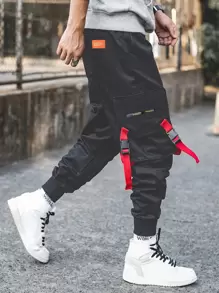 Manfinity Roghcode Men Letter Graphic Flap Pocket Side Drawstring Waist Cargo Trousers - Black - View 4