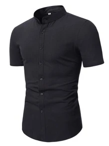 Manfinity Homme Men Mock Neck Button Up Shirt - Black - View 3