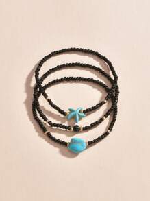 3pcs Turquoise & Starfish Decor Beaded Anklet - Multicolor - View 2