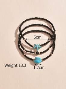 3pcs Turquoise & Starfish Decor Beaded Anklet - Multicolor - View 4
