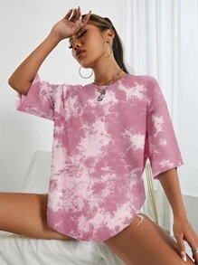 INAWLY 扎染落肩 T 恤 图案 T 恤 女式上衣 - 藕粉色 - 查看 5