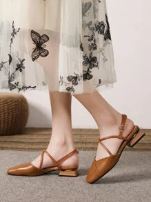 Women Crisscross Strap Flats, Square Toe Slingback Flats