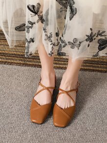 Women Crisscross Strap Flats, Square Toe Slingback Flats