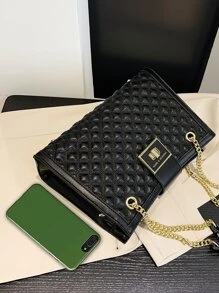 Quilted Chain Shoulder Tote Bag Retro Classic Tote Bag, Argyle Pattern Chain Bag, Turn-Lock Shoulder PU Leather Bag For Women - Black - View 3