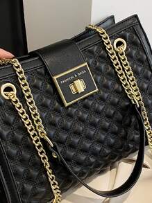 Quilted Chain Shoulder Tote Bag Retro Classic Tote Bag, Argyle Pattern Chain Bag, Turn-Lock Shoulder PU Leather Bag For Women - Black - View 5