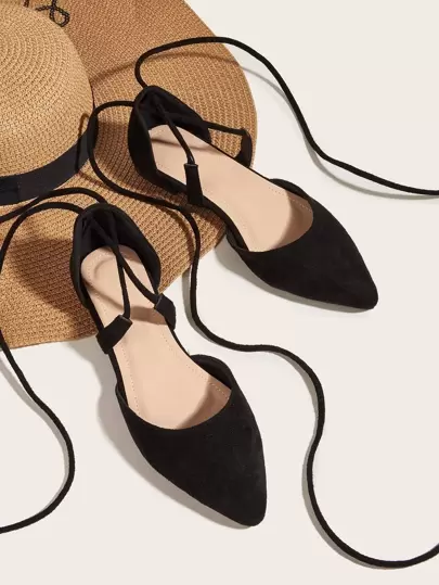 Fall/Winter Women's Flat Ballet Flats With Crisscross Straps, Pointed Toe, Comfortable For Dancing, Black Suede Breathable Slip-On Flat Shoes For Commute, Hollow Cut-Out Black Flat Sandals, Sexy Party Shoes