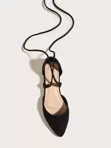 Fall/Winter Women's Flat Ballet Flats With Crisscross Straps, Pointed Toe, Comfortable For Dancing, Black Suede Breathable Slip-On Flat Shoes For Commute, Hollow Cut-Out Black Flat Sandals, Sexy Party Shoes - Black - View 5