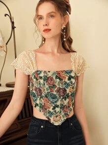 SHEIN MOD Floral Print Lace Ruched Sleeve High-low Hem Top - Multicolor - View 2