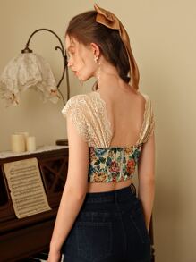 SHEIN MOD Floral Print Lace Ruched Sleeve High-low Hem Top - Multicolor - View 7