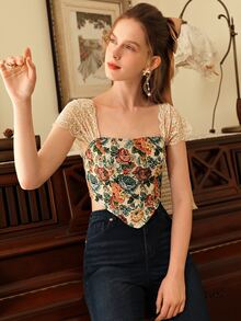 SHEIN MOD Floral Print Lace Ruched Sleeve High-low Hem Top - Multicolor - View 3