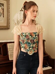 SHEIN MOD Floral Print Lace Ruched Sleeve High-low Hem Top - Multicolor - View 4