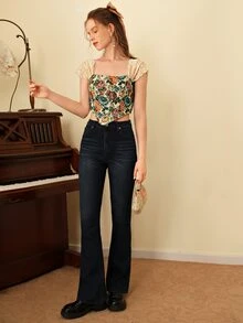 SHEIN MOD Floral Print Lace Ruched Sleeve High-low Hem Top - Multicolor - View 5