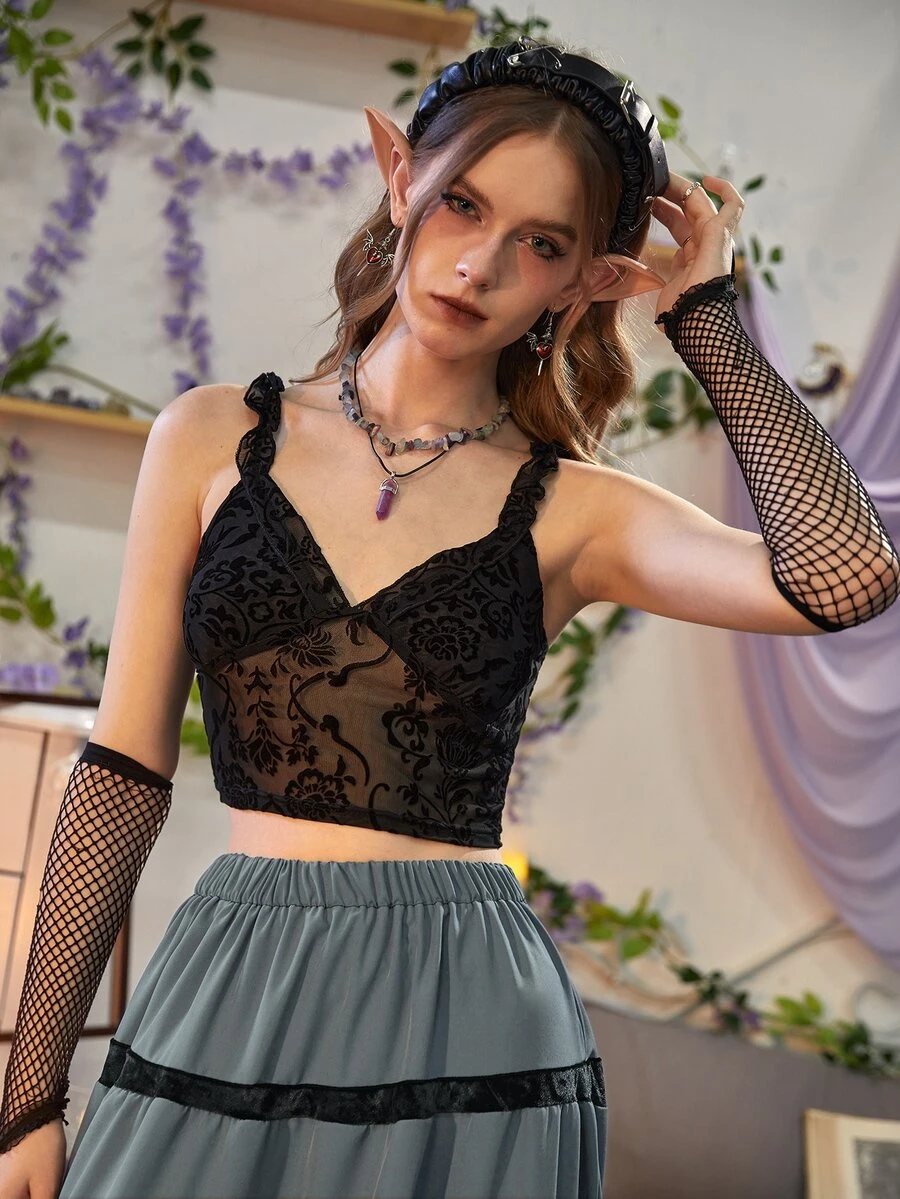 ROMWE Fairycore Cami corto de malla en contraste fruncido - Negro - Ver 1