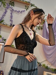 ROMWE Fairycore Cami corto de malla en contraste fruncido - Negro - Ver 5