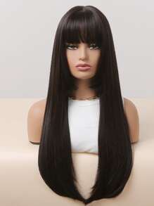 Natural Long Straight Synthetic Wig With Bangs - Black - View 5