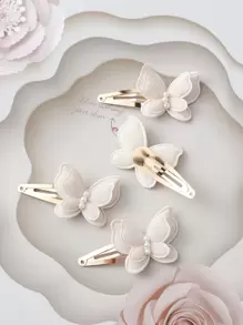 4个珍珠蝴蝶发夹，3D少女侧刘海夹，法式发饰，多功能拍照道具 - 彩色 - 查看 3