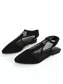 Suedette Hollow Out Point Toe Slingback Flats - Black - View 3