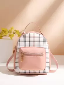 Mini Plaid Pocket Front Backpack - Pink - View 1