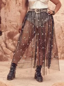 Flirla Plus Western Galaxy Mesh Skirt Without Belt Maxi Women Outfit Fall Cloth For Women - Black - View 3