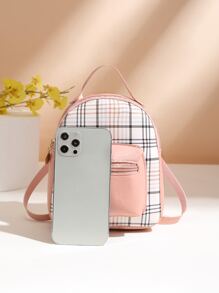 Mini Plaid Pocket Front Backpack - Pink - View 4