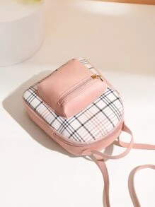 Mini Plaid Pocket Front Backpack - Pink - View 5