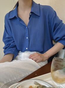 DAZY Solid Button Front Drop Shoulder Shirt - Blue - View 3