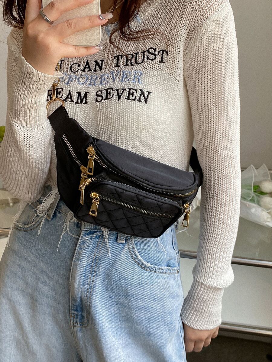 Riñonera ligera, informal, acolchada, con múltiples bolsillos, para adolescentes, niñas, mujeres, estudiantes universitarias, novatos y trabajadores administrativos, perfecta para oficina, universidad, trabajo, negocios, desplazamientos, actividades al aire libre, viajes, salidas - Negro - Ver 1