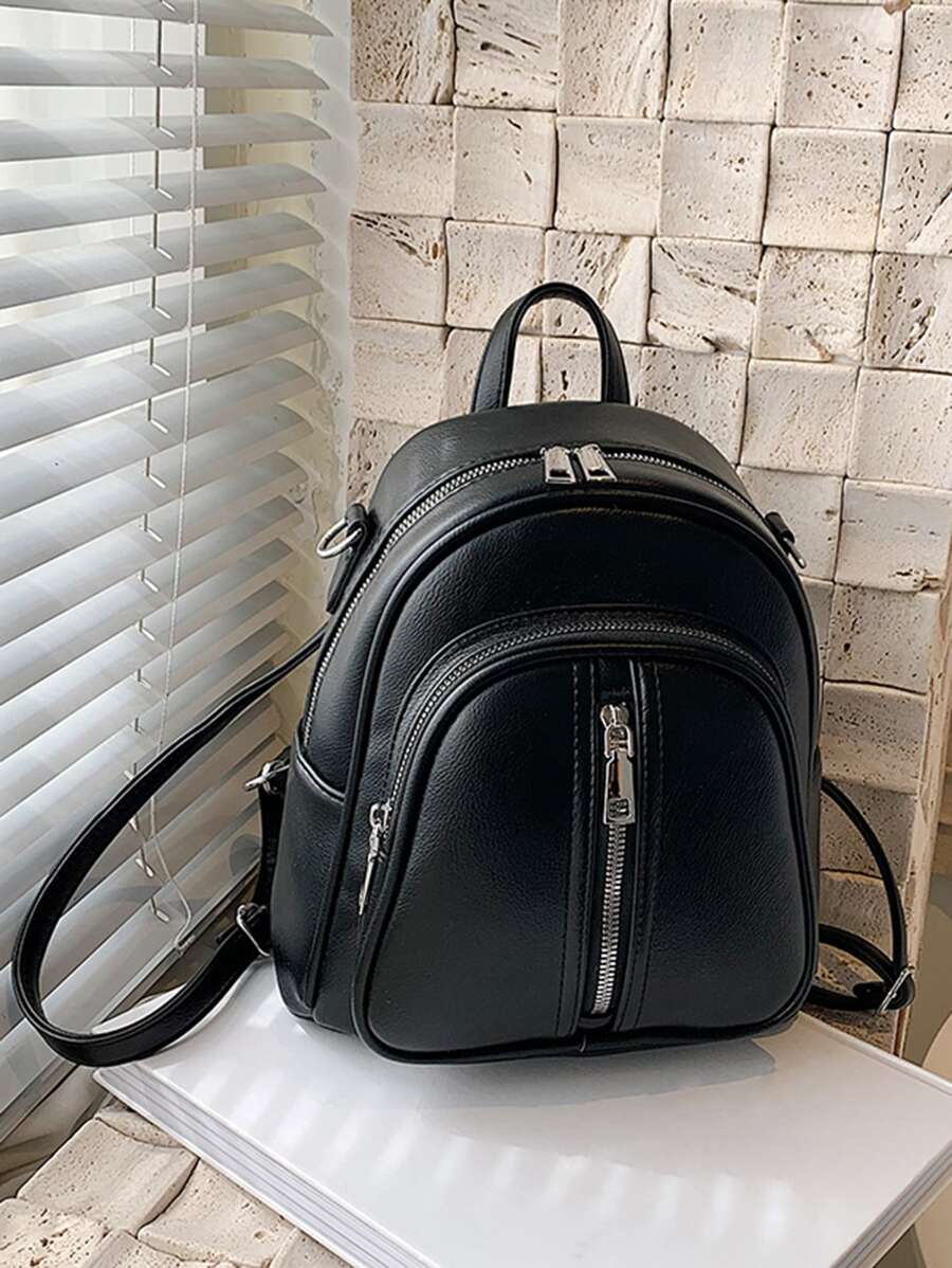 極簡風格拉鍊功能背包 - 黑色 - 查看 1